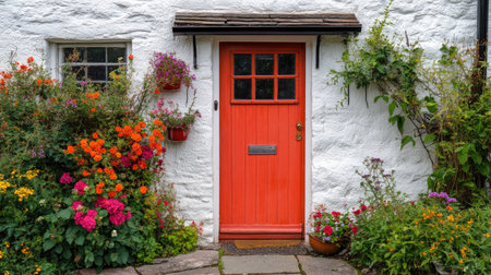 Brightly painted front door of a cozy cottage, surrounded by flowers. No people. Text spaceの素材