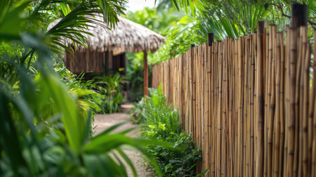 Bamboo fence providing a natural, eco-friendly barrier around a tropical home. No people. Text spaceの素材