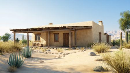 Adobe house in a desert landscape, with wooden beams and a flat roof. No people. Text spaceの素材