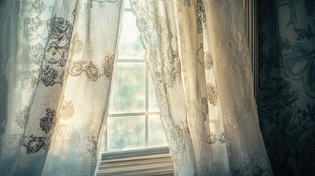 Classic lace curtains partially covering a small, quaint window. No people. Text spaceの素材