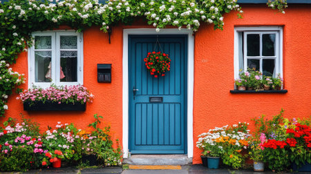 Brightly painted front door of a cozy cottage, surrounded by flowers. No people. Text spaceの素材