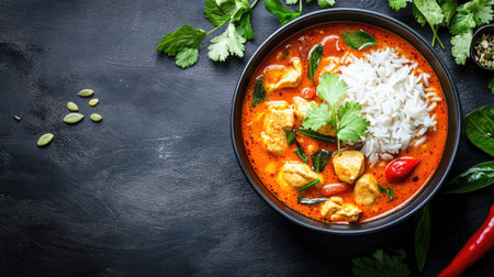 Flat lay of a Thai red curry with chicken, rice, and fresh herbs. Ample copy space.の素材