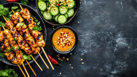 Flat lay of Thai chicken satay with peanut sauce and cucumber salad. Copy space available.の素材