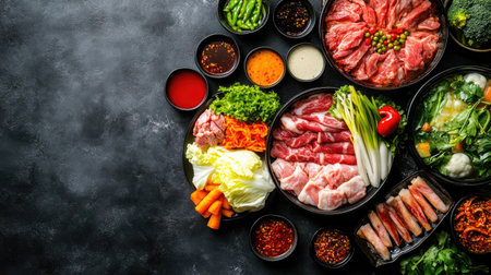Flat lay of a Chinese hot pot setup with an array of meats, vegetables, and dipping sauces. Copy space provided.の素材