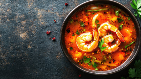 Top view of a bowl of Thai tom yum soup with shrimp and lemongrass.の素材