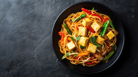 Flat lay of a plate of Chinese chow mein with vegetables and tofu. Copy space included.の素材
