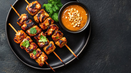 Flat lay of a plate of Indonesian satay skewers with peanut sauce. Copy space included.の素材