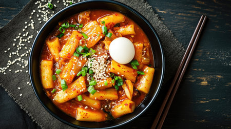 Top view of a bowl of Korean spicy rice cakes (tteokbokki) with fish cakes. Copy space available.の素材