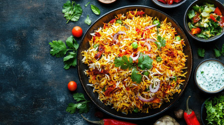 Top view of a plate of Indian biryani with raita and salad. Room for text.の素材