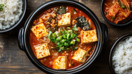 Top view of a bowl of Korean tofu stew with side dishes of kimchi and rice. Room for text.の素材