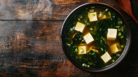 Flat lay of a steaming bowl of Japanese miso soup with tofu and seaweed. Copy space available.の素材