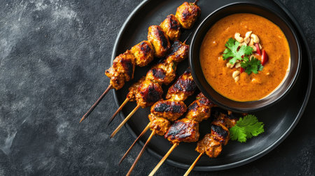 Flat lay of a plate of Indonesian satay skewers with peanut sauce. Copy space included.の素材