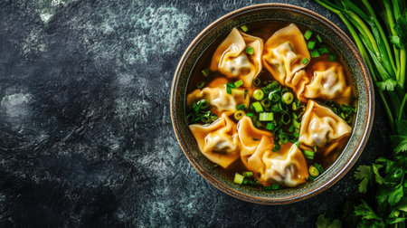 Top view of a bowl of Chinese wonton soup with green onions and soy sauce. Copy space available.の素材