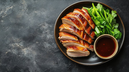 Flat lay of a plate of Chinese Peking duck with pancakes and hoisin sauce. Copy space provided.の素材