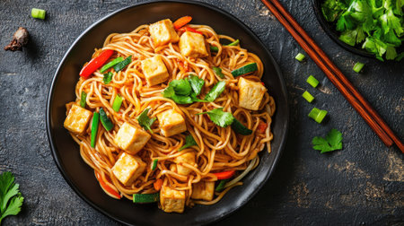 Flat lay of a plate of Chinese chow mein with vegetables and tofu. Copy space included.の素材