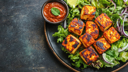 Flat lay of Indian paneer tikka with mint chutney and salad.の素材