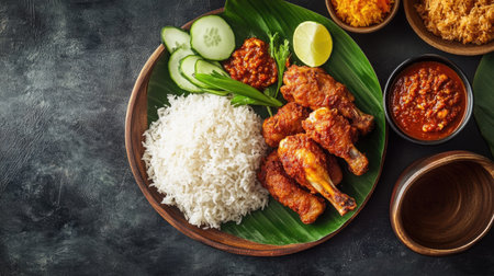 Flat lay of a Malaysian nasi lemak with sambal, fried chicken, and coconut rice. Copy space available.の素材