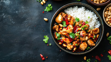 Flat lay of Chinese kung pao chicken with peanuts and steamed rice. Ample copy space.の素材