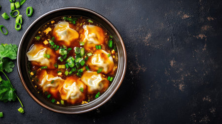 Top view of a bowl of Chinese wonton soup with green onions and soy sauce. Copy space available.の素材