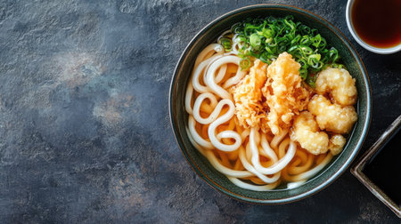 Top view of a bowl of Japanese udon noodles with tempura on the side. Copy space provided.の素材