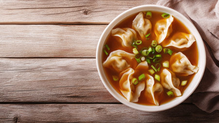 Top view of a bowl of Chinese wonton soup with green onions and soy sauce. Copy space available.の素材