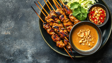 Flat lay of a plate of Indonesian satay skewers with peanut sauce. Copy space included.の素材