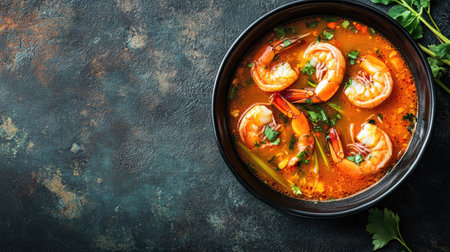 Top view of a bowl of Thai tom yum soup with shrimp and lemongrass.の素材