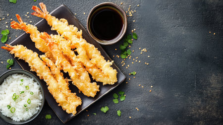 Flat lay of Japanese tempura with dipping sauce and rice. Ample copy space.の素材