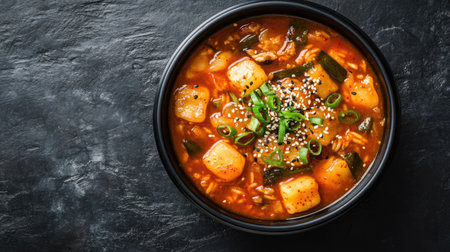 Top view of a bowl of Korean spicy rice cakes (tteokbokki) with fish cakes. Copy space available.の素材