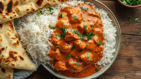 Flat lay of a serving of Indian butter chicken with naan and basmati rice. Ample copy space.の素材