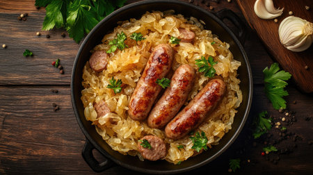 Top view of a delicious German sauerkraut and sausage dish, with a clean background for text.の素材