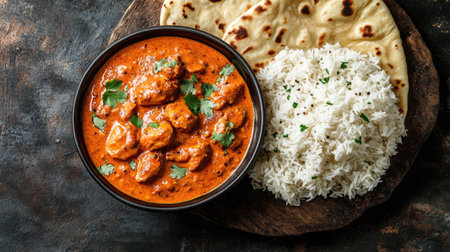 Flat lay of a serving of Indian butter chicken with naan and basmati rice. Ample copy space.の素材