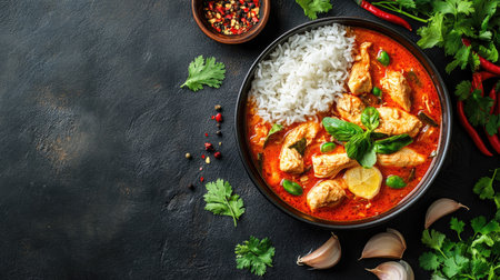 Flat lay of a Thai red curry with chicken, rice, and fresh herbs. Ample copy space.の素材