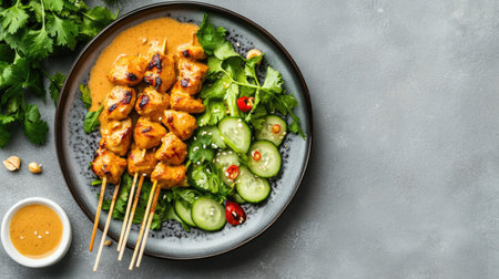Flat lay of Thai chicken satay with peanut sauce and cucumber salad. Copy space available.の素材