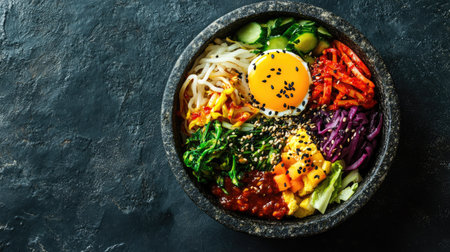 Flat lay of Korean bibimbap in a stone bowl with colorful vegetables, egg, and gochujang. Copy space available.の素材