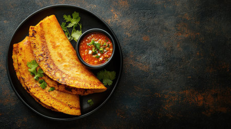 Flat lay of Indian dosa with sambar and coconut chutney. Copy space provided.の素材