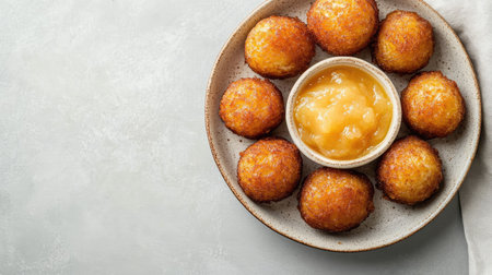 Top view of a plate of German kartoffelpuffer with applesauce, with room for text on a clean background.の素材