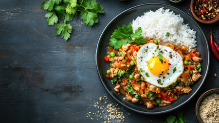 Flat lay of a Thai pad kra pao with rice and fried egg. Ample copy space.の素材