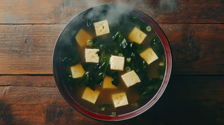 Flat lay of a steaming bowl of Japanese miso soup with tofu and seaweed. Copy space available.の素材