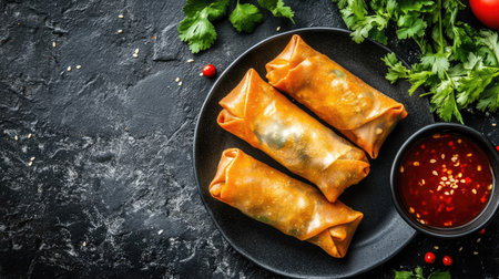 Flat lay of Chinese spring rolls with dipping sauce and fresh vegetables. Copy space provided.の素材