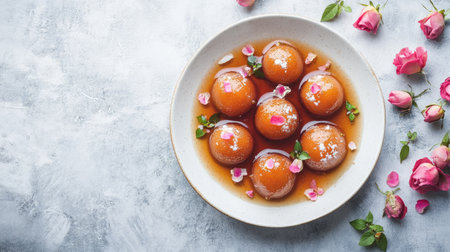 Flat lay of Indian gulab jamun dessert with rose syrup. Ample copy space.の素材