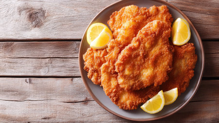 Top view of a classic schnitzel with lemon wedges on a wooden table, with plenty of space for text.の素材