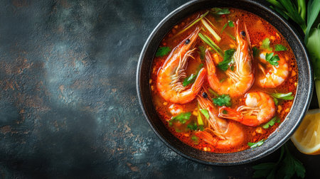 Top view of a bowl of Thai tom yum soup with shrimp and lemongrass.の素材