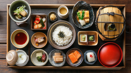 Top view of a Japanese kaiseki meal with multiple small dishes. Copy space provided.の素材