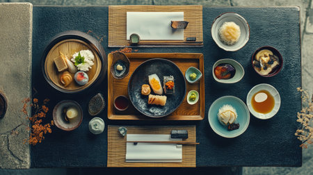Top view of a Japanese kaiseki meal with multiple small dishes. Copy space provided.の素材