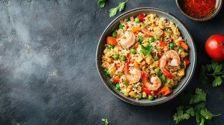 Flat lay of Chinese fried rice with vegetables and shrimp. Copy space included.の素材