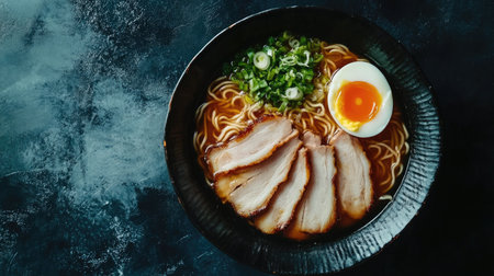 Flat lay of Japanese miso ramen with sliced pork and egg. Ample copy space.の素材
