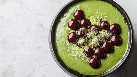 Top view of a Japanese matcha dessert with red bean paste. Room for text.の素材