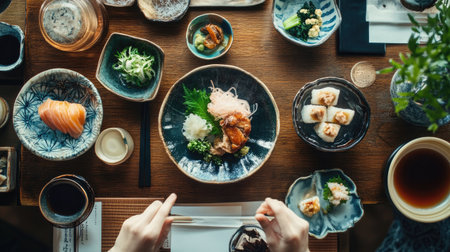 Top view of a Japanese kaiseki meal with multiple small dishes. Copy space provided.の素材