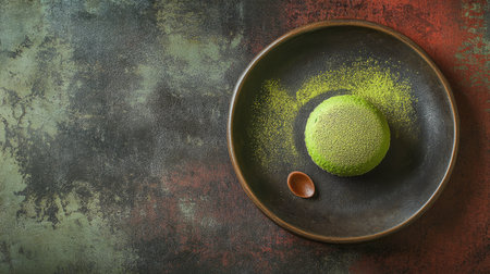 Top view of a Japanese matcha dessert with red bean paste. Room for text.の素材